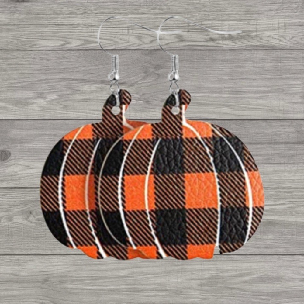 Orange and Black Buffalo Plaid Pumpkin Earrings